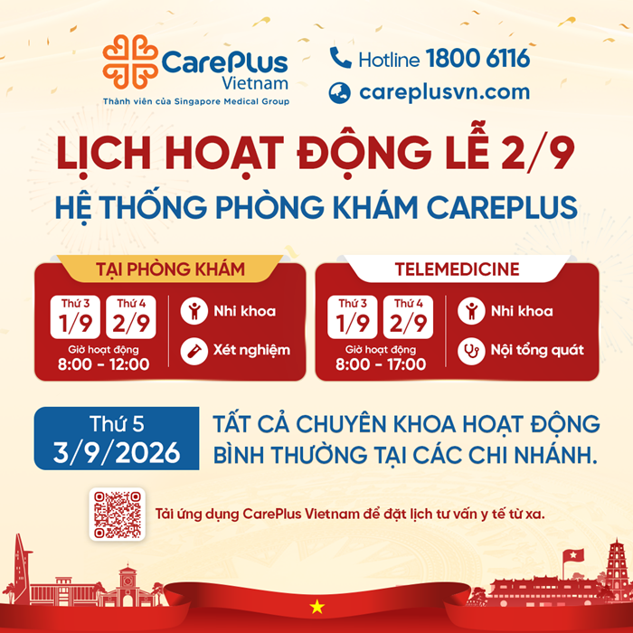 HỆ THỐNG PHÒNG KHÁM CAREPLUS LỊCH HOẠT ĐỘNG DỊP LỄ QUỐC KHÁNH 2/9/2026 