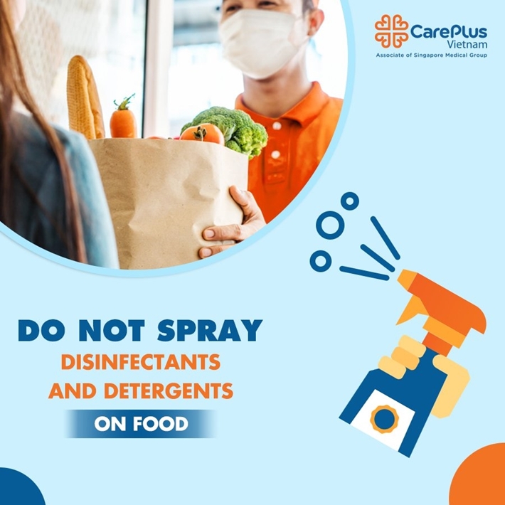 Do not spray disinfectants and detergents on food