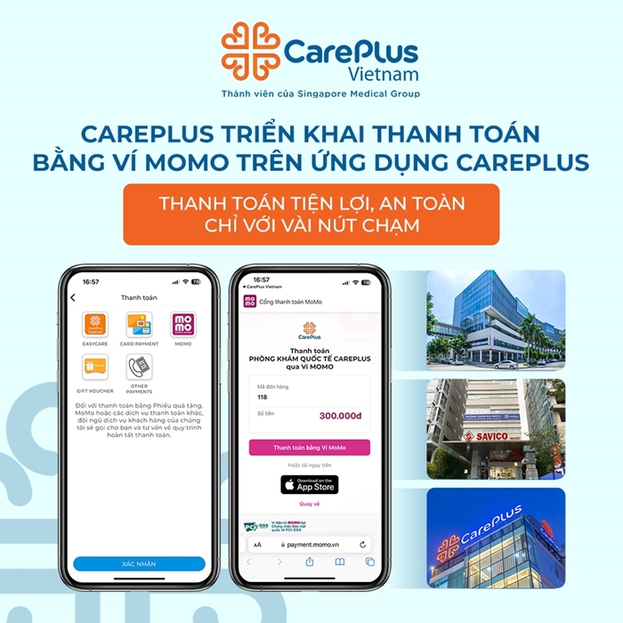 CarePlus triển khai thanh toán bằng ví Momo trực tiếp trên ứng dụng CarePlus.