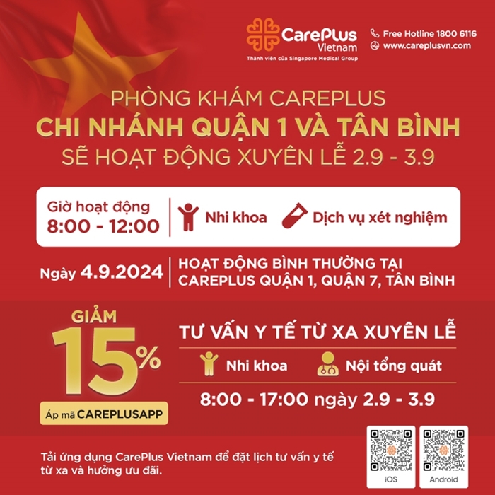 HỆ THỐNG PHÒNG KHÁM CAREPLUS HOẠT ĐỘNG XUYÊN LỄ TẠI CHI NHÁNH QUẬN 1 VÀ TÂN BÌNH